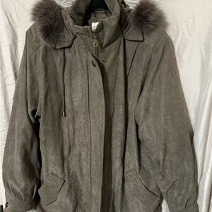 St. John's Bay Taupe Fox Fur Trim Hooded Jacket